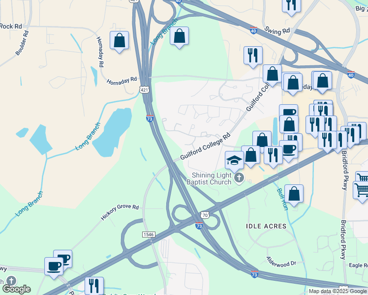 map of restaurants, bars, coffee shops, grocery stores, and more near 905 Hanahan Court in Greensboro