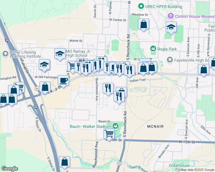 map of restaurants, bars, coffee shops, grocery stores, and more near 1586 West Towne Village Drive in Fayetteville