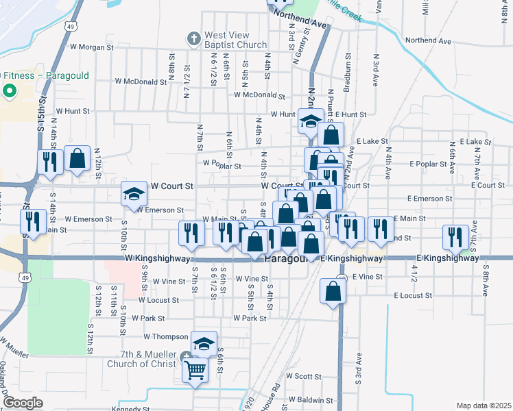 map of restaurants, bars, coffee shops, grocery stores, and more near 206 South 4th Street in Paragould