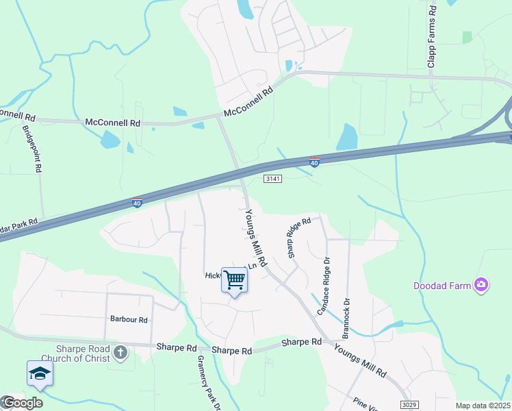 map of restaurants, bars, coffee shops, grocery stores, and more near 1303 Youngs Mill Road in Greensboro