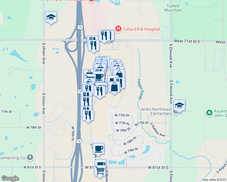 map of restaurants, bars, coffee shops, grocery stores, and more near 7437 South Olympia Avenue in Tulsa