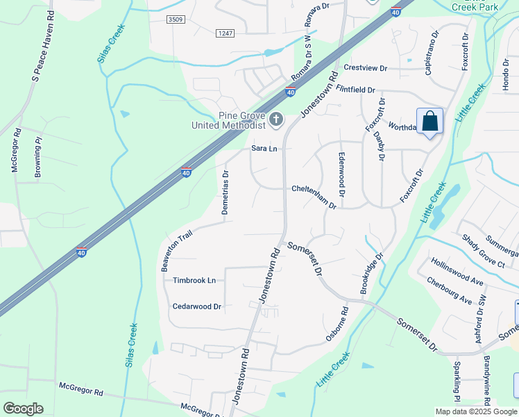 map of restaurants, bars, coffee shops, grocery stores, and more near 1213 Bucklebury Court in Winston-Salem