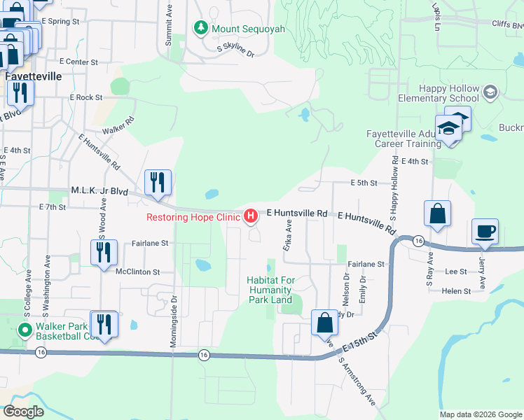 map of restaurants, bars, coffee shops, grocery stores, and more near 1030 East Huntsville Road in Fayetteville