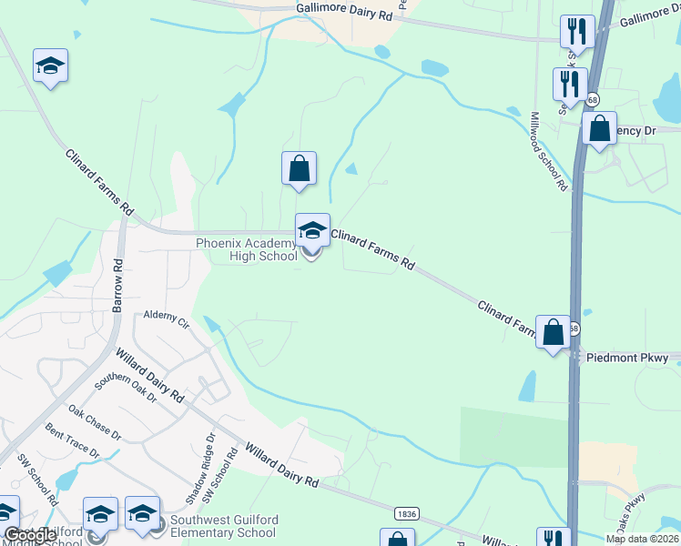map of restaurants, bars, coffee shops, grocery stores, and more near 7841 Clinard Farms Road in High Point