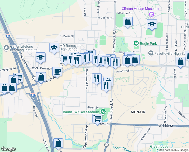 map of restaurants, bars, coffee shops, grocery stores, and more near 1602 West Towne Village Drive in Fayetteville