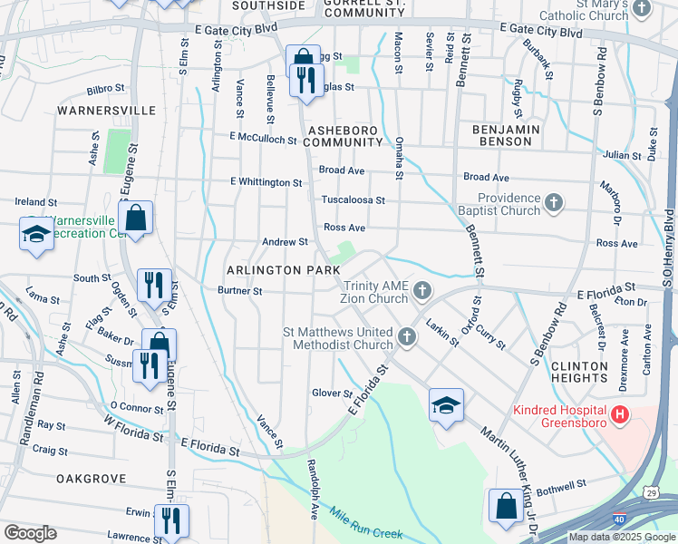 map of restaurants, bars, coffee shops, grocery stores, and more near 1225 Martin Luther King Junior Drive in Greensboro