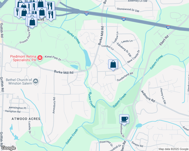 map of restaurants, bars, coffee shops, grocery stores, and more near 112 Rivertree Lane in Winston-Salem