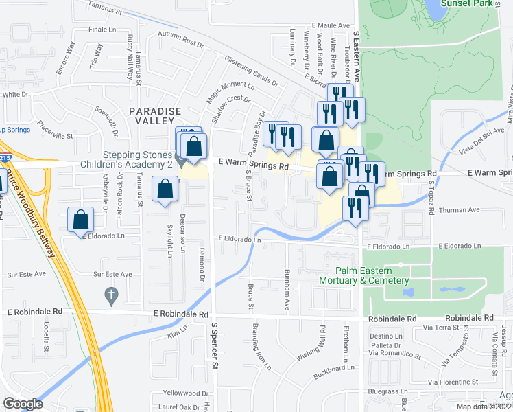map of restaurants, bars, coffee shops, grocery stores, and more near 2035 East Warm Springs Road in Las Vegas