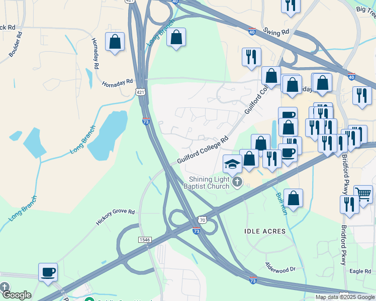 map of restaurants, bars, coffee shops, grocery stores, and more near 903 Hanahan Court in Greensboro