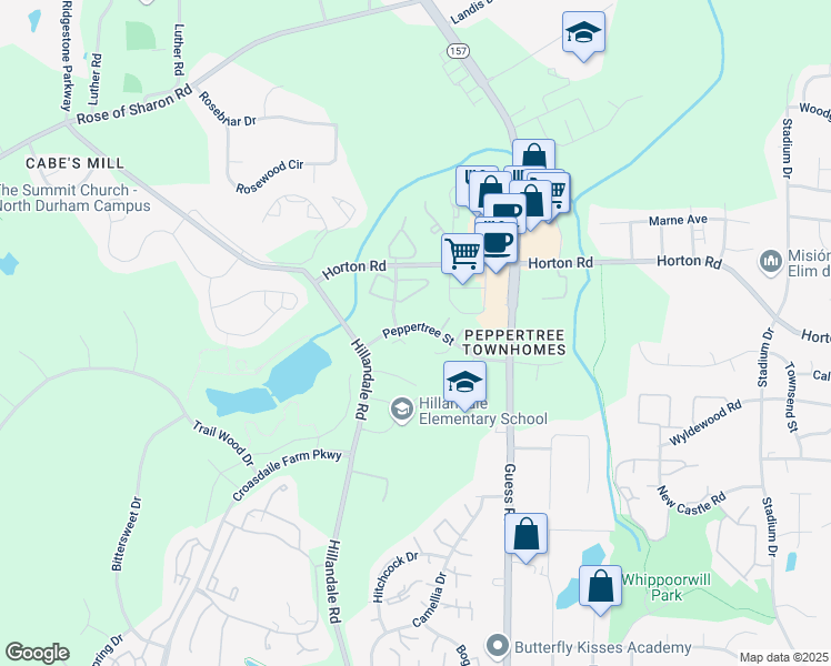 map of restaurants, bars, coffee shops, grocery stores, and more near 2119 Peppertree Street in Durham