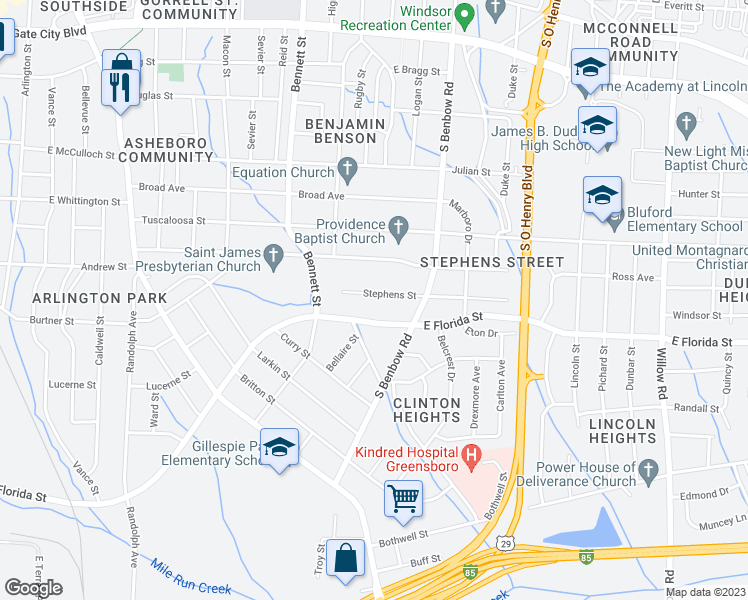 map of restaurants, bars, coffee shops, grocery stores, and more near 918 Stephens Street in Greensboro