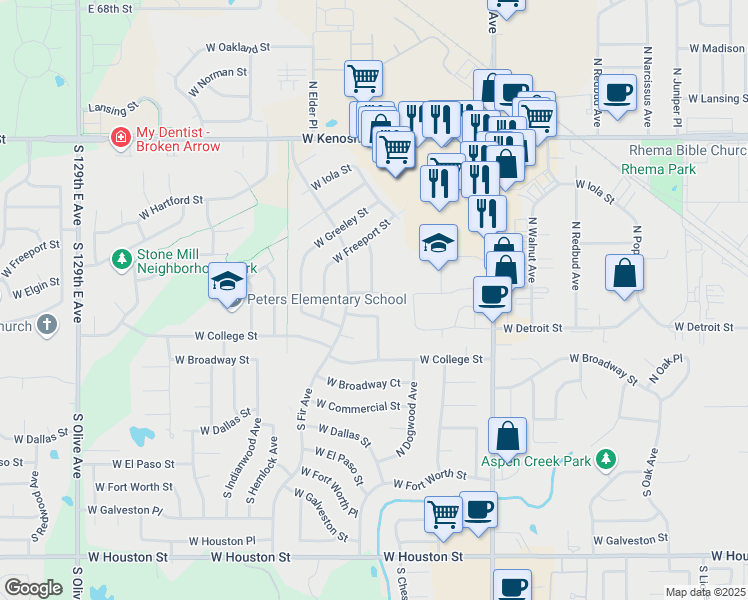 map of restaurants, bars, coffee shops, grocery stores, and more near 2601 West Elgin Street in Broken Arrow
