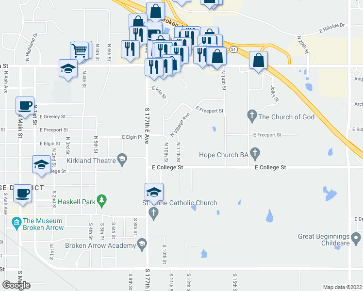 map of restaurants, bars, coffee shops, grocery stores, and more near 301 North 11th Street in Broken Arrow