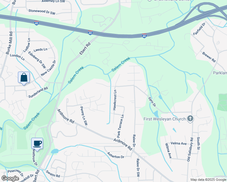 map of restaurants, bars, coffee shops, grocery stores, and more near 1517 Hawkcrest Lane in Winston-Salem