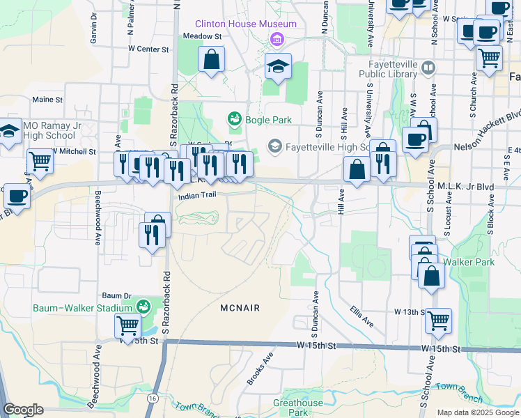 map of restaurants, bars, coffee shops, grocery stores, and more near 976 South Stadium Drive in Fayetteville