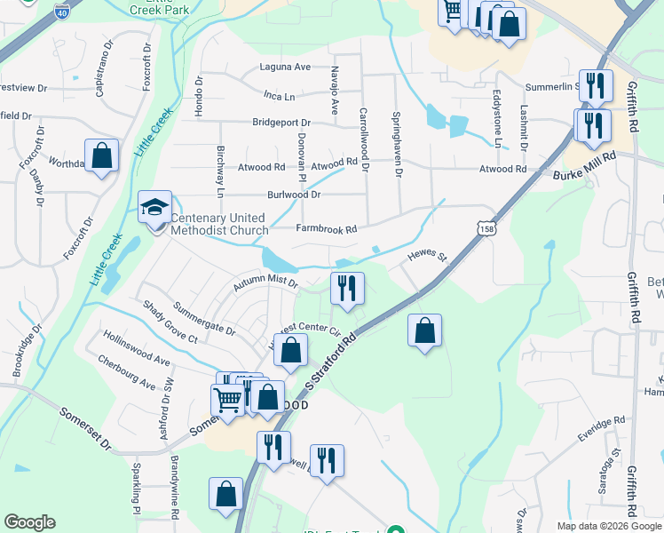 map of restaurants, bars, coffee shops, grocery stores, and more near 1615 Eagle Creek Drive in Winston-Salem