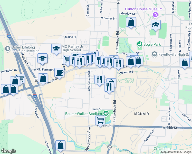 map of restaurants, bars, coffee shops, grocery stores, and more near 1618 West Towne Village Drive in Fayetteville