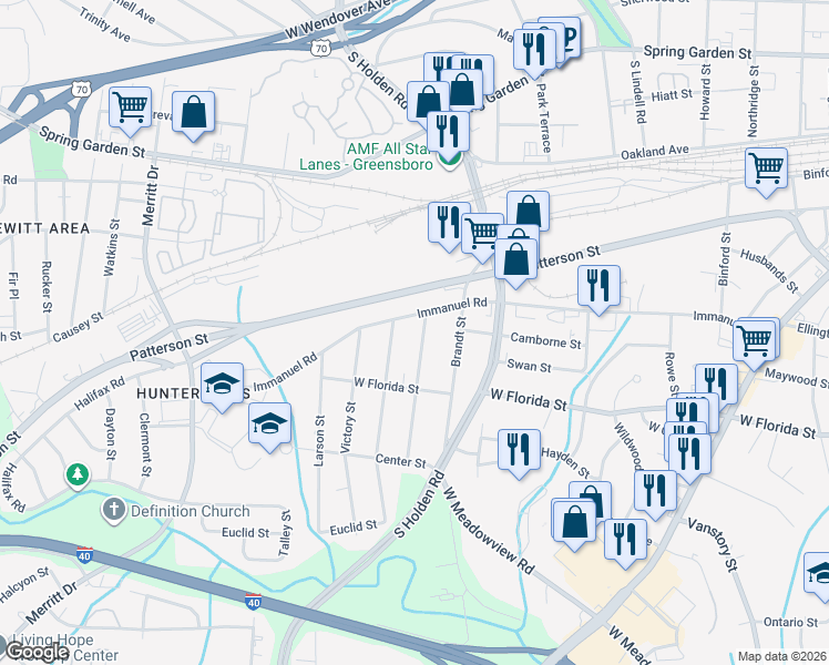 map of restaurants, bars, coffee shops, grocery stores, and more near 3103 Immanuel Road in Greensboro