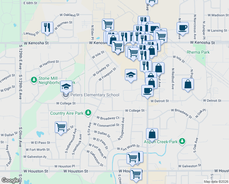map of restaurants, bars, coffee shops, grocery stores, and more near 2517 West Elgin Street in Broken Arrow