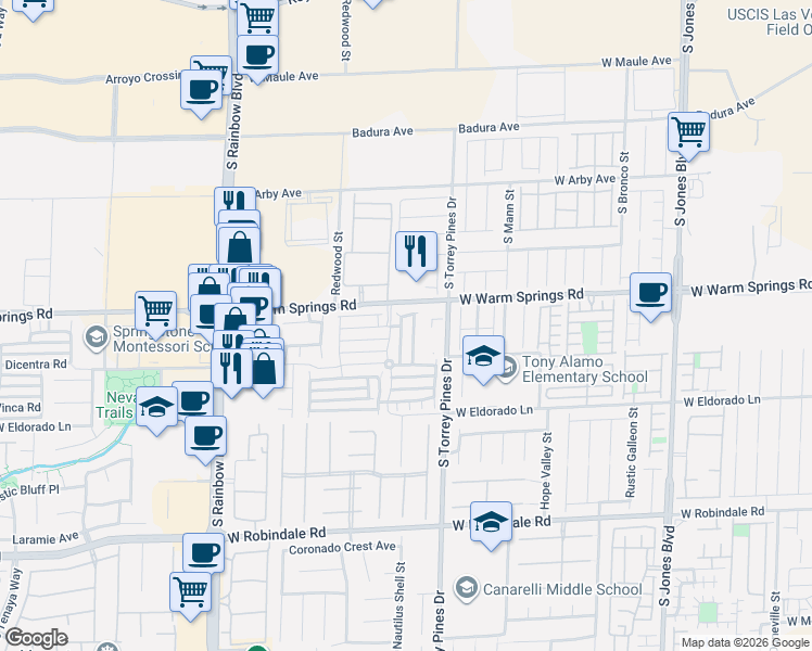 map of restaurants, bars, coffee shops, grocery stores, and more near 7317 Padleymor Street in Las Vegas
