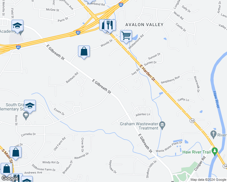 map of restaurants, bars, coffee shops, grocery stores, and more near 900 East Gilbreath Street in Graham