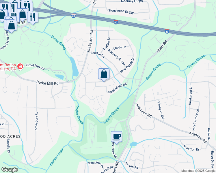 map of restaurants, bars, coffee shops, grocery stores, and more near 2243 New Castle Drive in Winston-Salem