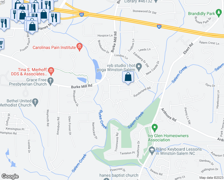 map of restaurants, bars, coffee shops, grocery stores, and more near 112 Rivertree Lane in Winston-Salem