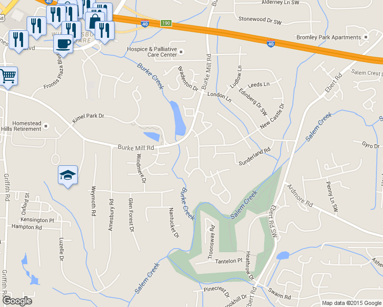 map of restaurants, bars, coffee shops, grocery stores, and more near 231 Quietwood Drive in Winston-Salem