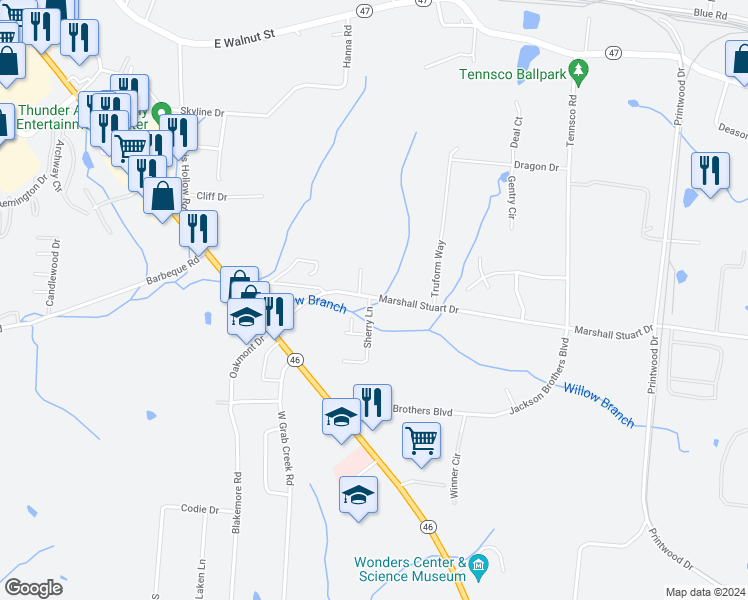 map of restaurants, bars, coffee shops, grocery stores, and more near 24 Reserve Drive in Dickson
