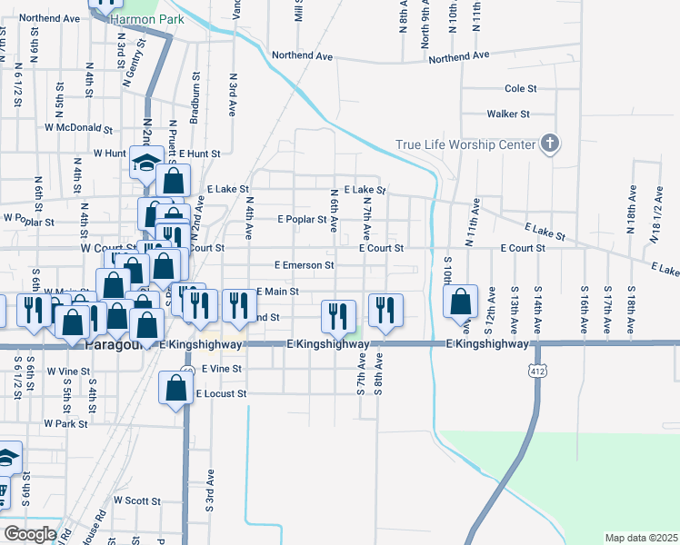 map of restaurants, bars, coffee shops, grocery stores, and more near 534 East Emerson Street in Paragould