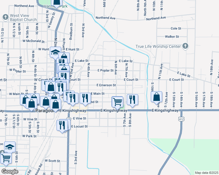map of restaurants, bars, coffee shops, grocery stores, and more near 518 East Emerson Street in Paragould