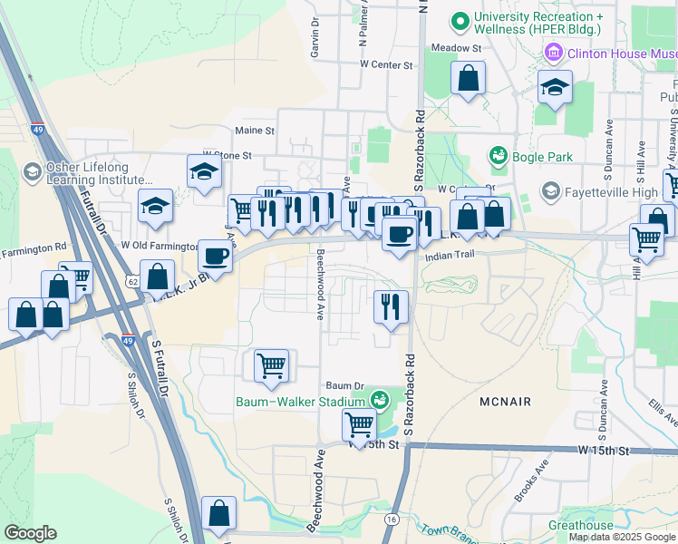 map of restaurants, bars, coffee shops, grocery stores, and more near 1642 West Towne Village Drive in Fayetteville