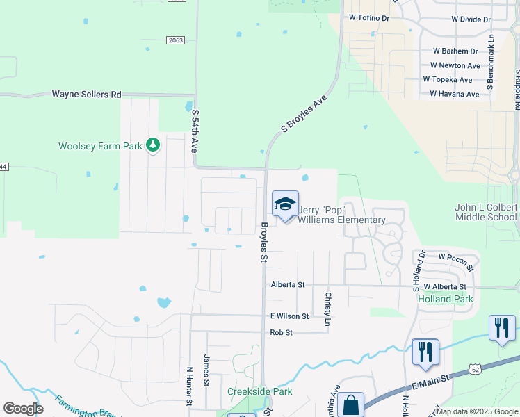 map of restaurants, bars, coffee shops, grocery stores, and more near 781-801 Broyles Street in Farmington