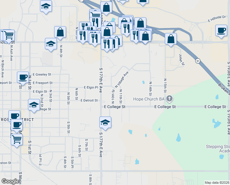 map of restaurants, bars, coffee shops, grocery stores, and more near 390 North 10th Street in Broken Arrow