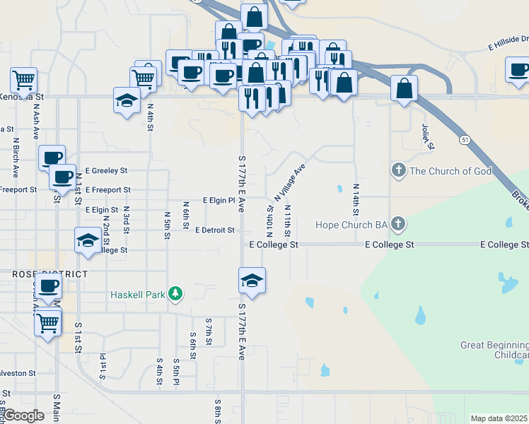 map of restaurants, bars, coffee shops, grocery stores, and more near 390 North 10th Street in Broken Arrow