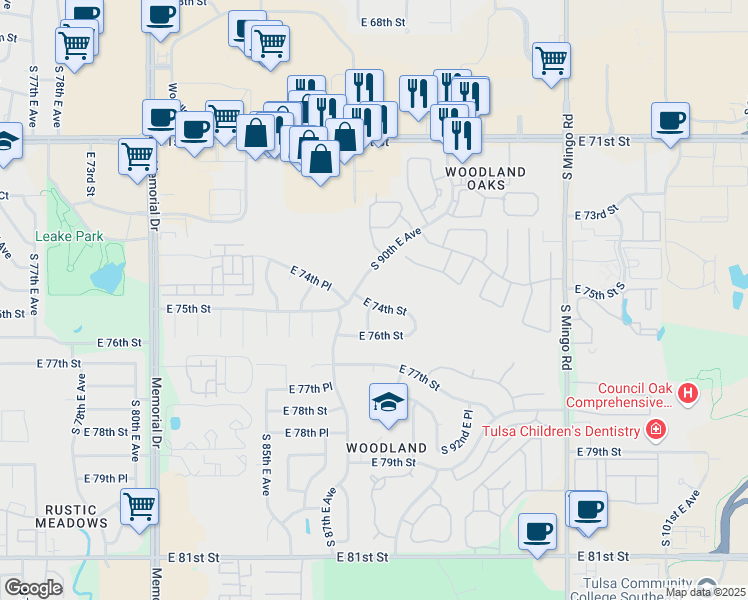 map of restaurants, bars, coffee shops, grocery stores, and more near 8809 East 74th Street in Tulsa