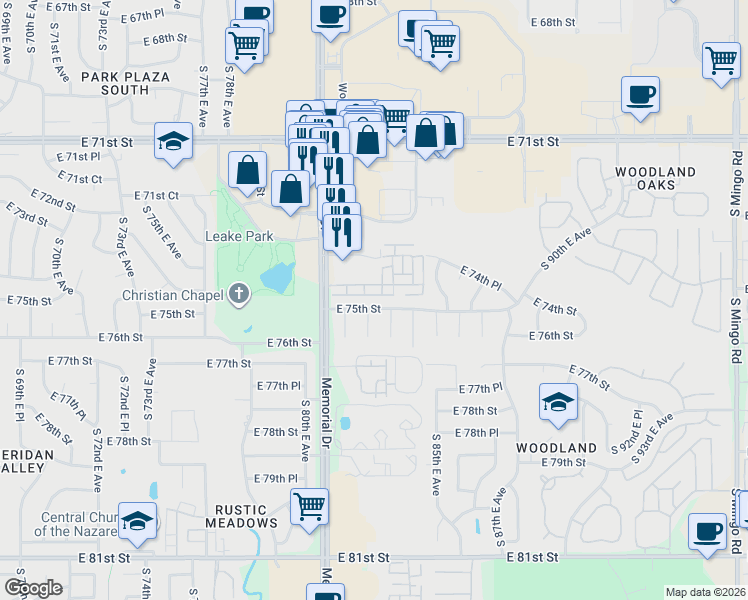 map of restaurants, bars, coffee shops, grocery stores, and more near 8208 East 74th Court in Tulsa