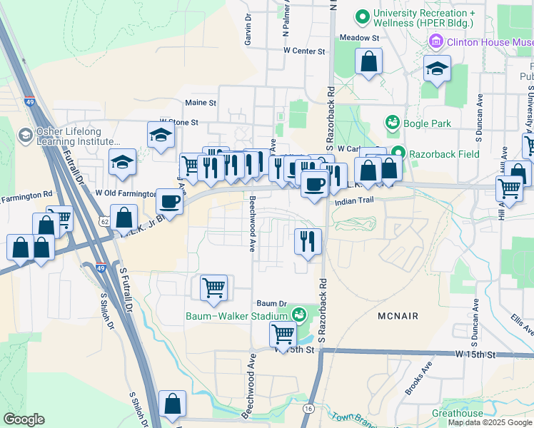 map of restaurants, bars, coffee shops, grocery stores, and more near 1642 West Towne Village Drive in Fayetteville
