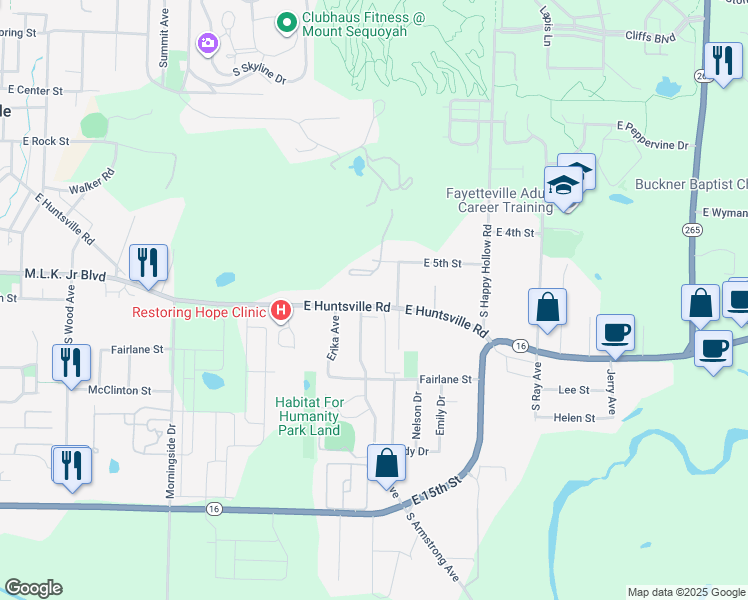 map of restaurants, bars, coffee shops, grocery stores, and more near 1520 Martin Luther King Junior Boulevard in Fayetteville
