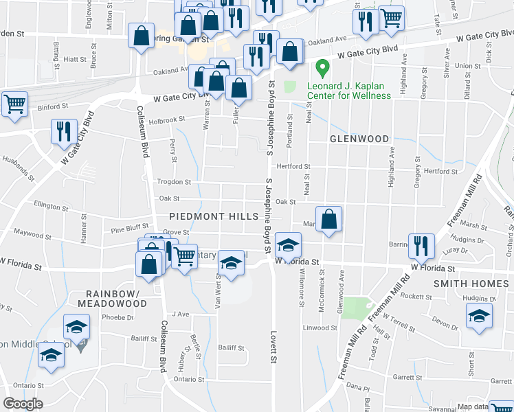 map of restaurants, bars, coffee shops, grocery stores, and more near 1505 Oak Street in High Point