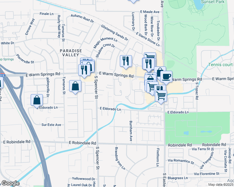map of restaurants, bars, coffee shops, grocery stores, and more near 2035 East Warm Springs Road in Las Vegas