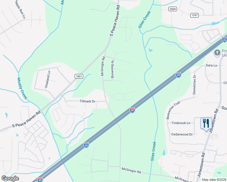 map of restaurants, bars, coffee shops, grocery stores, and more near 657 McGregor Road in Winston-Salem
