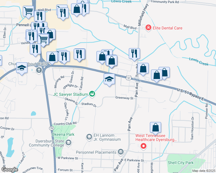 map of restaurants, bars, coffee shops, grocery stores, and more near 125 U.S. 51 Bypass in Dyersburg