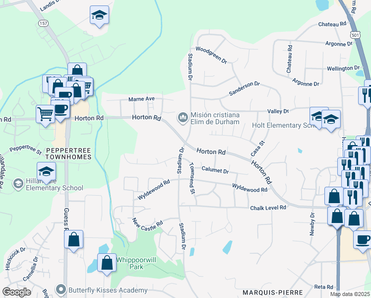 map of restaurants, bars, coffee shops, grocery stores, and more near 1115 Horton Road in Durham