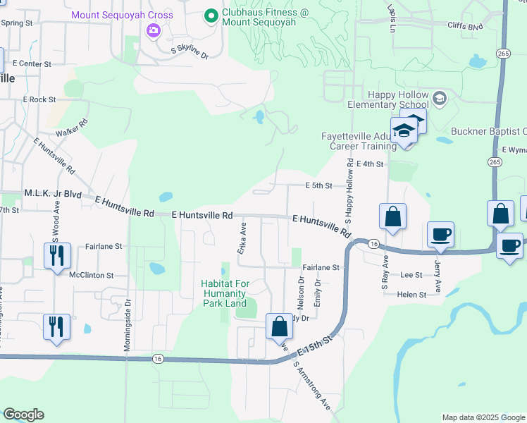 map of restaurants, bars, coffee shops, grocery stores, and more near 1428 East Huntsville Road in Fayetteville