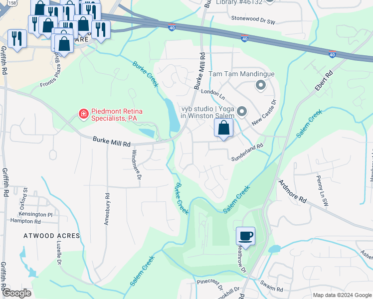 map of restaurants, bars, coffee shops, grocery stores, and more near 223 Quietwood Drive in Winston-Salem