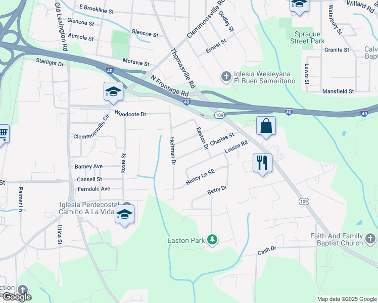 map of restaurants, bars, coffee shops, grocery stores, and more near 1011 Charles Street in Winston-Salem