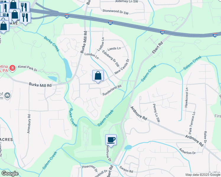 map of restaurants, bars, coffee shops, grocery stores, and more near 2205 Sunderland Road in Winston-Salem