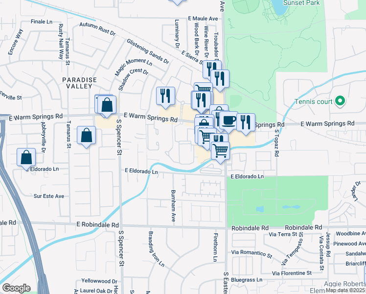 map of restaurants, bars, coffee shops, grocery stores, and more near 2121 East Warm Springs Road in Las Vegas