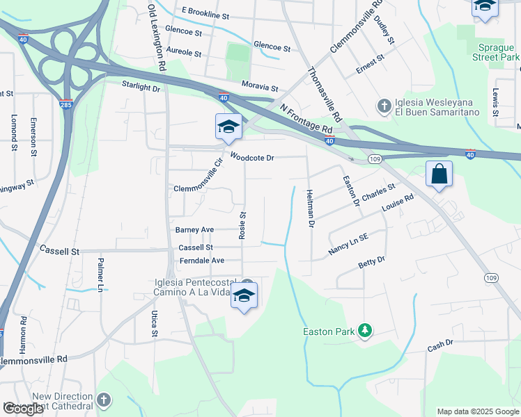 map of restaurants, bars, coffee shops, grocery stores, and more near 124 Fir Drive in Winston-Salem